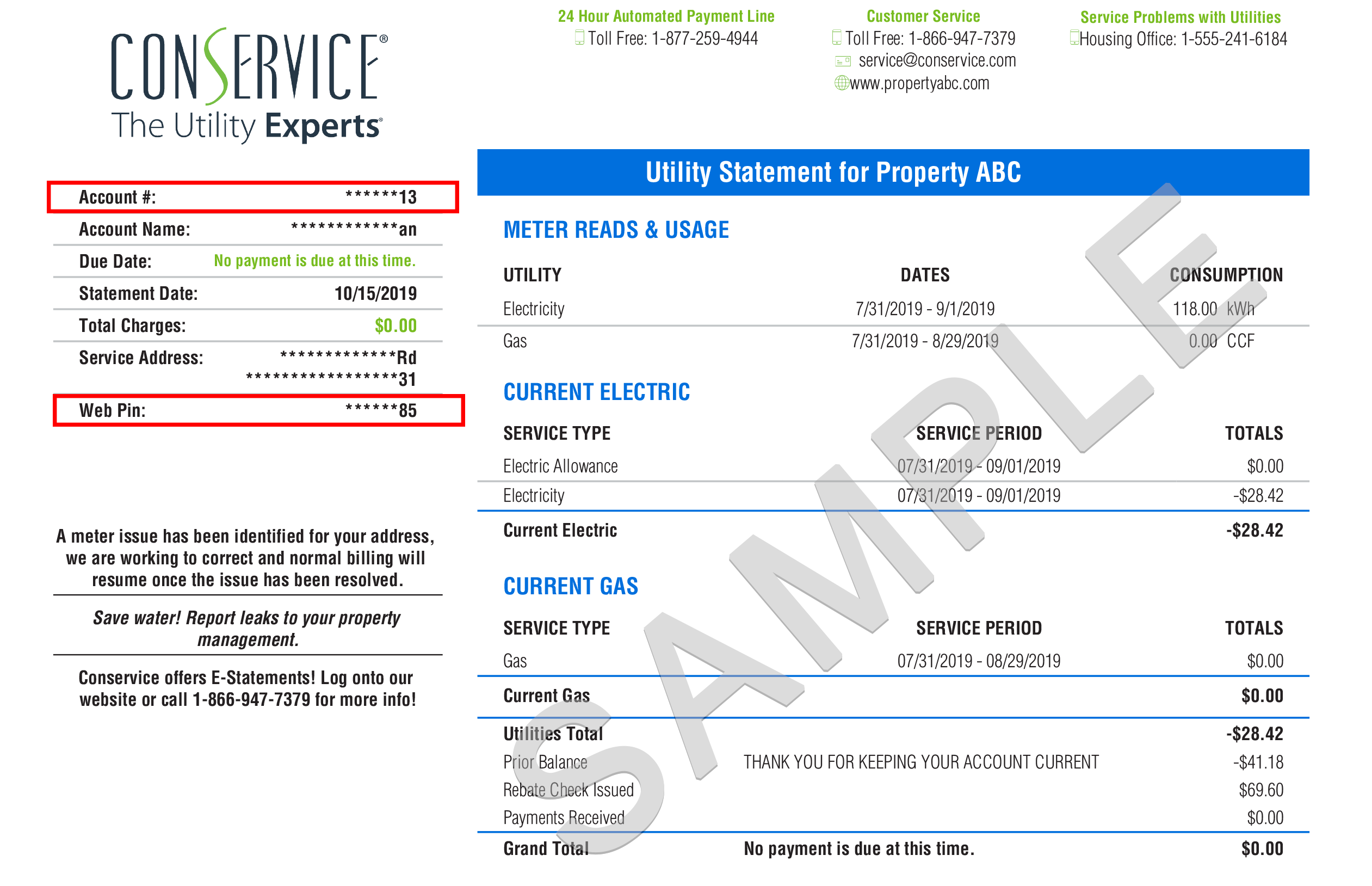 An example of a Conservice bill with the account number and web pin emphasized with a red border box